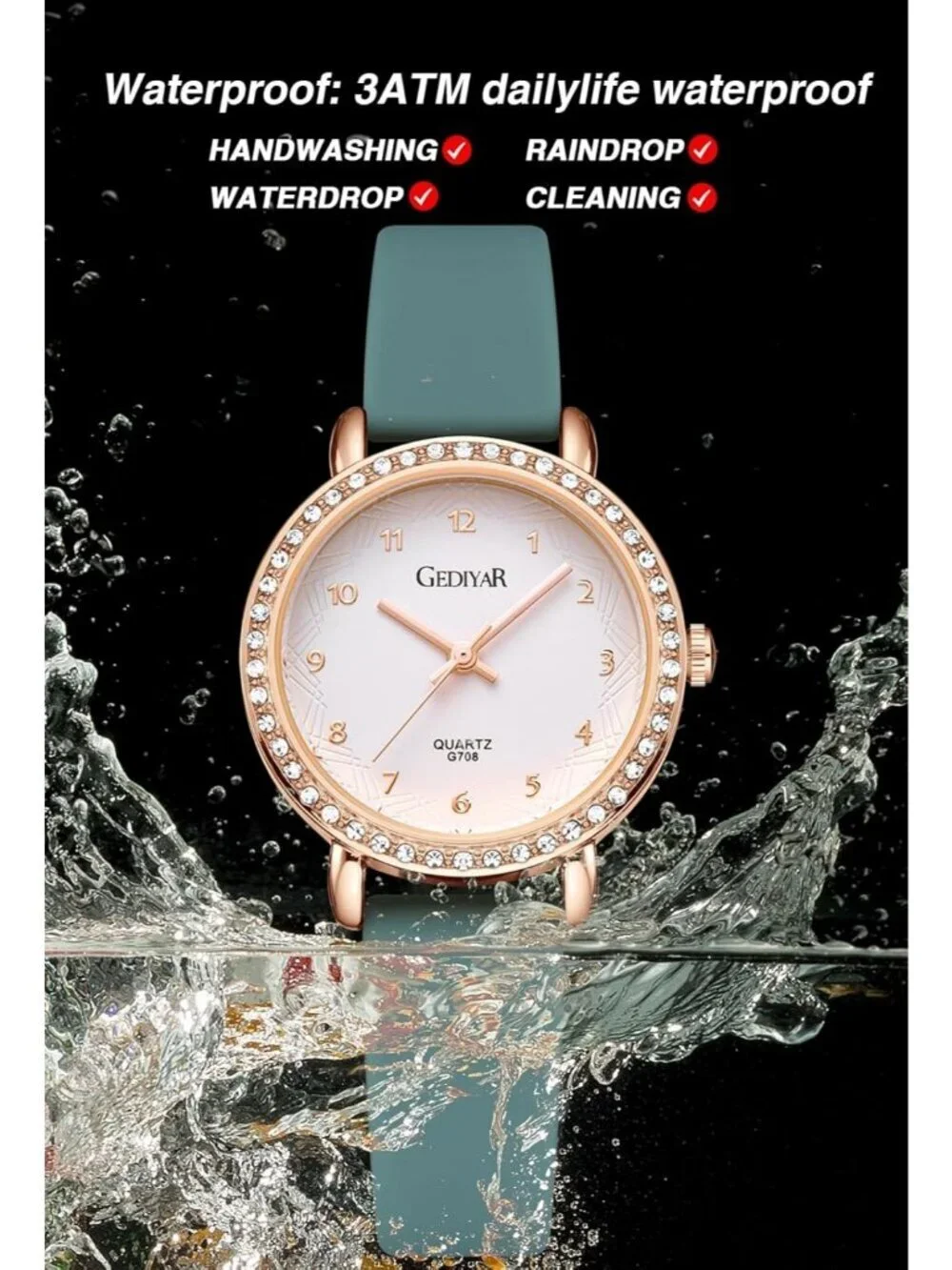Women's Green Analog Quartz Crystal Rhinestone Bezel Waterproof Wrist Watch